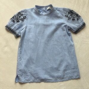 LOFT XXSP High Neck Embroidered Blouse Blue